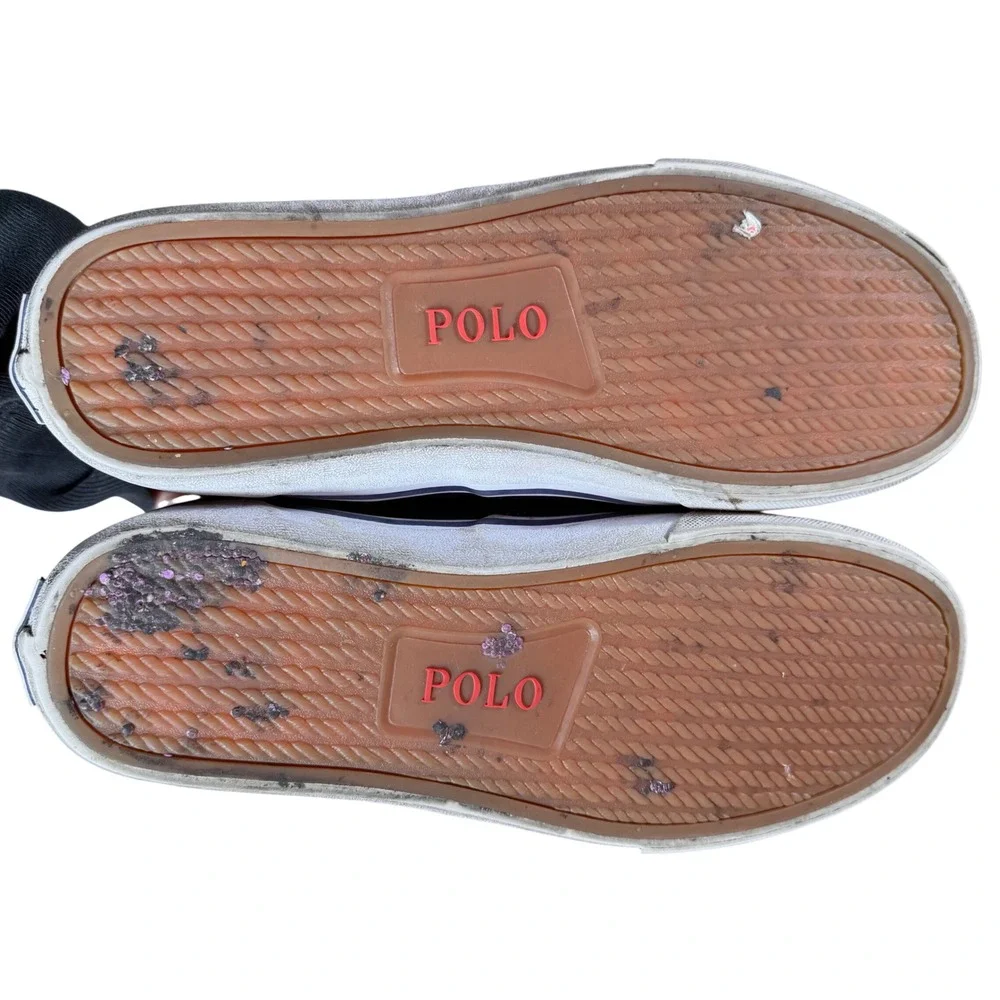 Polo Ralph Lauren Mens Navy Blue Red Pony All Over Print Canvas Sneakers Shoes